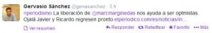 Tweet de Gervasio Sánchez celebrando la liberación de Marc Marginedas