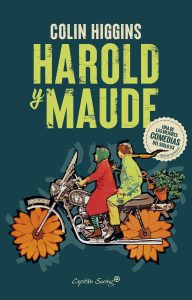 Dibujo de los protagonistas de esta historia, Harold y Maude en una moto. Maude conduce la moto cuyas ruedas son flores.
